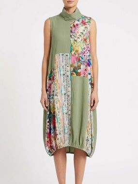 SHANA Apparel Sleeveless Patchwork Bohemian Bubble Cocoon Style Dress Mock Neck